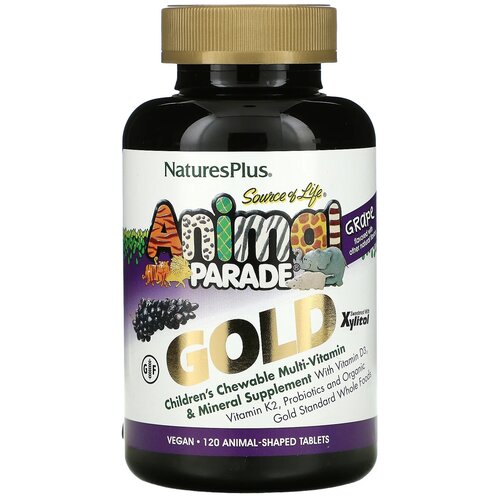 фото Nature's Plus Source of Life Animal Parade Gold Мультивитамины и минералы для детей, вкус натуральный виноград, 120 таб. В форме животных