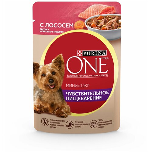 фото Влажный корм для собак Purina ONE для мелких пород при чувствительном пищеварении с лососем 85 г х 52 шт