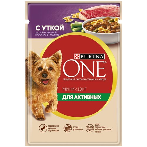 фото Влажный корм для собак Purina ONE Мини Активная, утка с пастой и зеленой фасолью в подливе 1 уп. х 18 шт. х 85 г (для мелких пород)