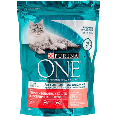 фото Сухой корм для стерилизованных кошек и кастрированных котов Purina ONE с высоким содержанием лосося и пшеницей 10 шт. х 200 г