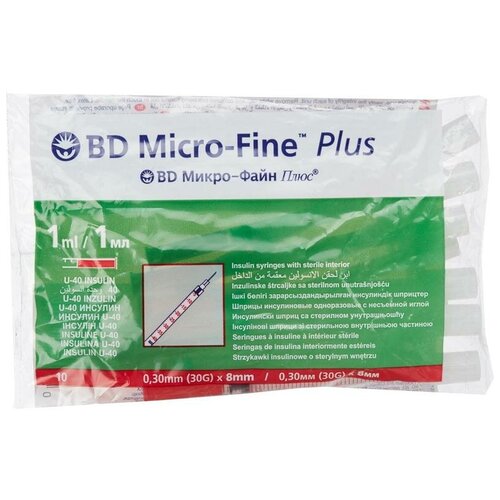 фото Шприц инсулиновый BD Micro-fine plus U-40 трехкомпонентный, 8 мм x 0.3 мм, размер: 30G, 10 шт.