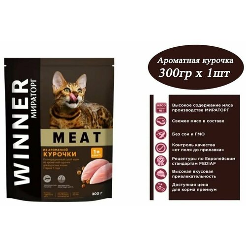 фото Мираторг Winner MEAT из ароматной курочки, 300гр х 1шт Полнорационный сухой корм для взрослых кошек всех пород . Виннер, 0.3кг, 300г