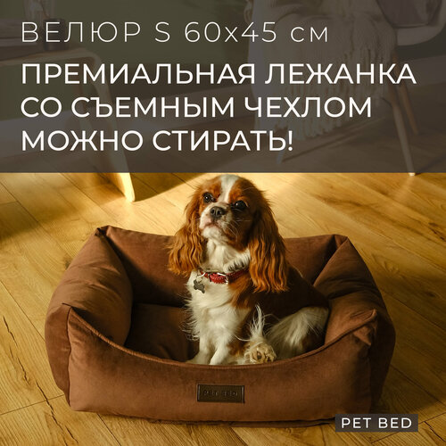 фото Лежанка для собак мелких пород со съемным чехлом PET BED Велюр, размер S 60х45 см, коричневая