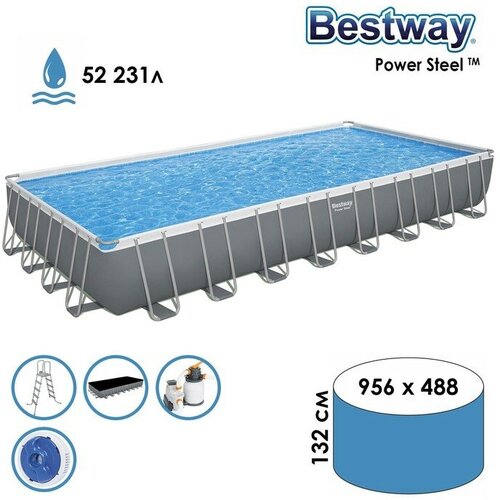 фото Bestway Бассейн каркасный Bestway Power Steel, 956×488×132 см, песчаный фильтр-насос, тент, лестница, 56623