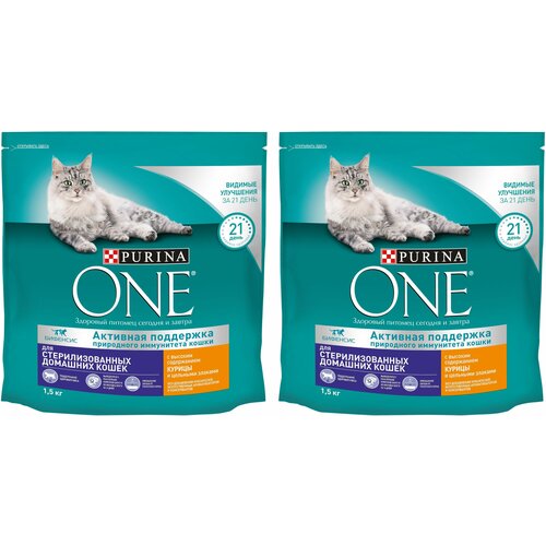 фото Сухой корм Purina ONE для стерилизованных/ кастрированных кошек и котов, живущих в домашних условиях с курицей и злаками 1.5 кг 2 шт