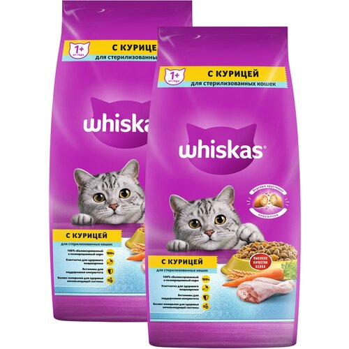 фото WHISKAS для взрослых кастрированных котов и стерилизованных кошек с курицей (5 + 5 кг)