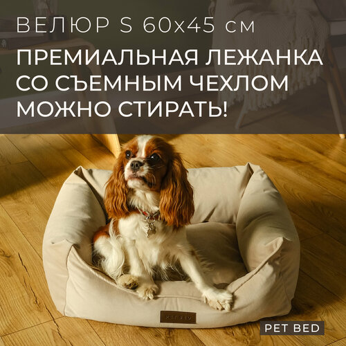 фото Лежанка для собак мелких пород со съемным чехлом PET BED Велюр, размер S 60х45 см, бежевая