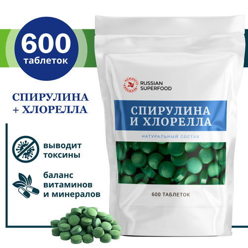 фото БАД спирулина + хлорелла Russian Superfood/ 600 таблеток по 500 мг. /таблетки для похудения,