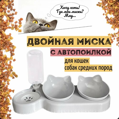 фото Двойная миска для кошек и собак, с автопоилкой, на подставке, для кормления, кормушка и поилка, для животных, пластиковая светло-серая