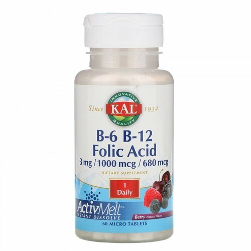 фото KAL B6 B12 Folic Acid (B-6 B-12 Фолиевая кислота) со вкусом ягод 60 таблеток