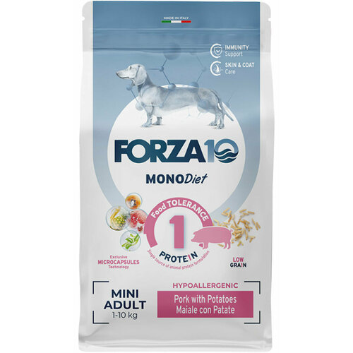 фото Корм сухой FORZA10 DOG MINI DIET монобелковый для взрослых собак маленьких пород при аллергии со свининой и картофелем (1,5 кг)