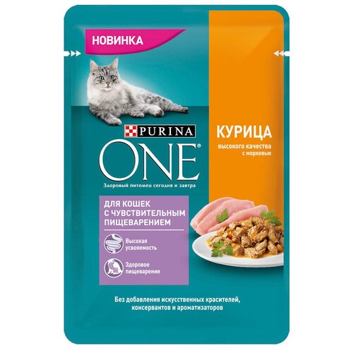 фото Влажный корм для кошек Purina ONE при чувствительном пищеварении, с курицей, с морковью 34 шт. х 75 г (кусочки в соусе)