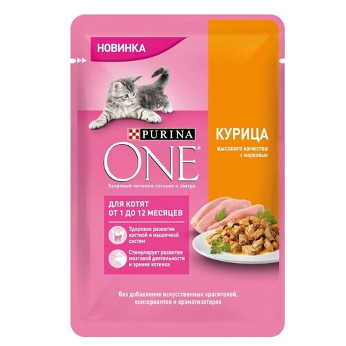 фото Влажный корм для котят Purina ONE с курицей, с морковью 34 шт. х 75 г (кусочки в желе)