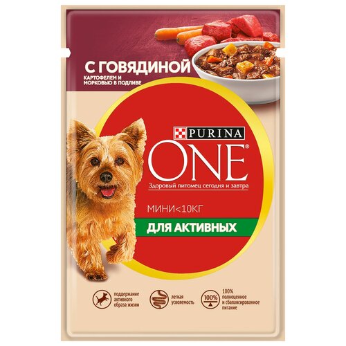 фото Влажный корм для собак Purina ONE для активных животных, говядина, с картофелем и морковью в подливе 1 уп. х 2 шт. х 85 г (для мелких пород)