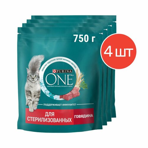 фото Сухой корм PURINA ONE для стерилизованных кошек и кастрированных котов, с высоким содержанием говядины и пшеницей 750 г, 4 шт