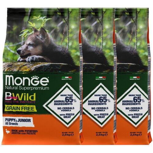 фото Сухой корм для щенков Monge BWILD Feed the Instinct, утка, с картофелем 1 уп. х 3 шт. х 2500 г