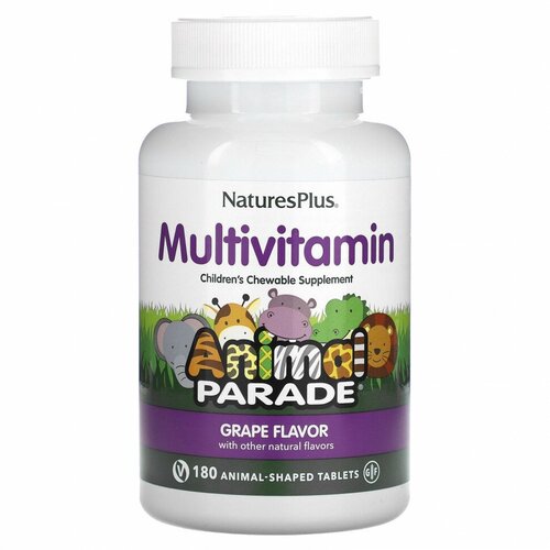 фото NaturesPlus, Source of Life, Animal Parade, жевательные мультивитамины для детей, со вкусом винограда, 180 таблеток в форме животных