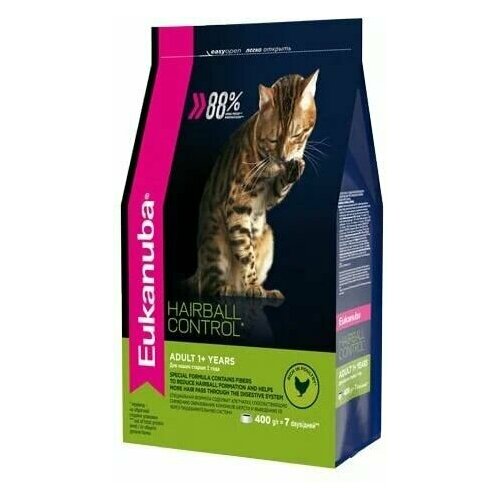 фото EUKANUBA ADULT HAIRBALL INDOOR 400 гр сухой корм для взрослых кошек живущих в помещении и способствующий выведению шерсти с домашней птицей 5шт