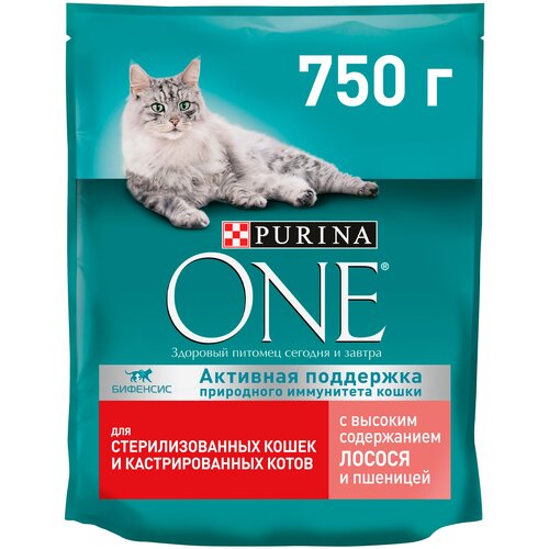 фото Сухой корм для стерилизованных кошек и кастрированных котов Purina ONE с высоким содержанием лосося и пшеницей 2 шт. х 750 г