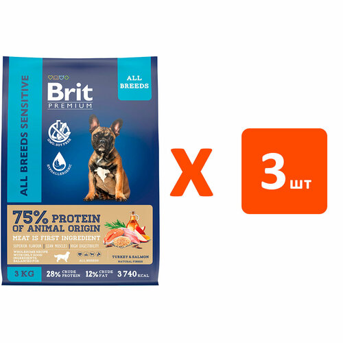 фото BRIT PREMIUM DOG ADULT SENSITIVE для взр собак всех пород с чувст пищ с лососем и индейкой NEW 3 кг х 3 шт