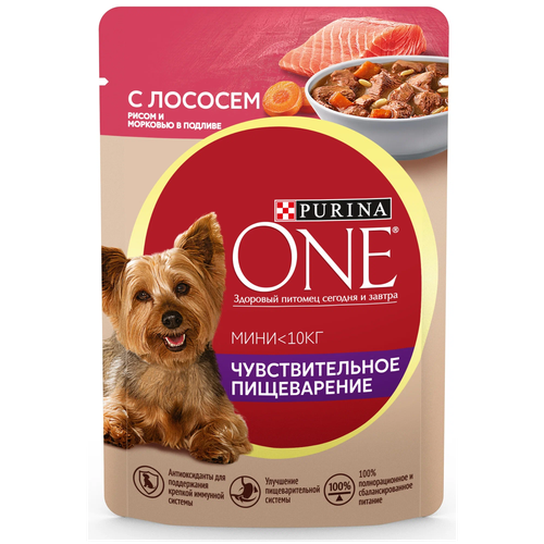 фото Влажный корм для собак Purina ONE Мини Чувствительное пищеварение для мелких пород с лососем, рисом и морковью в подливе 85 г x 26 шт