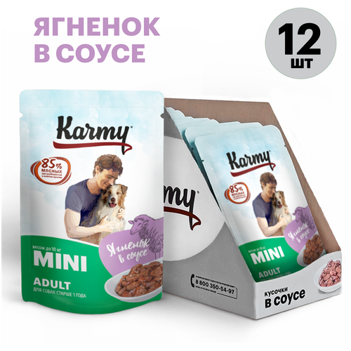 фото Влажный корм Karmy Mini Adult для собак мелких пород старше 1 года Ягненок Мясные кусочки в соусе 80 гр 12шт