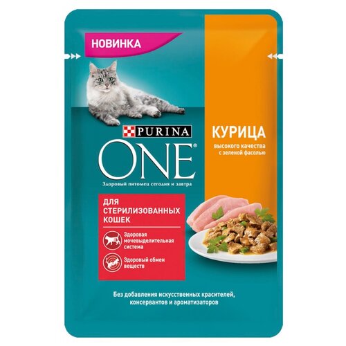 фото Влажный корм для стерилизованных кошек Purina ONE с курицей, с зелёной фасолью 10 шт. х 75 г (кусочки в соусе)