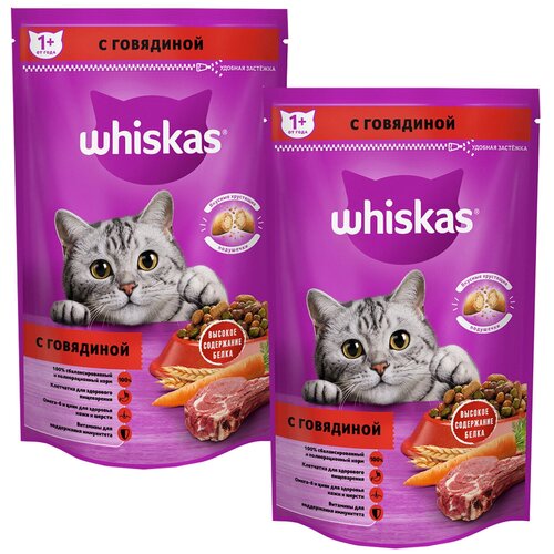 фото WHISKAS аппетитный обед для взрослых кошек c говядиной с нежным паштетом (0,8 + 0,8 кг)