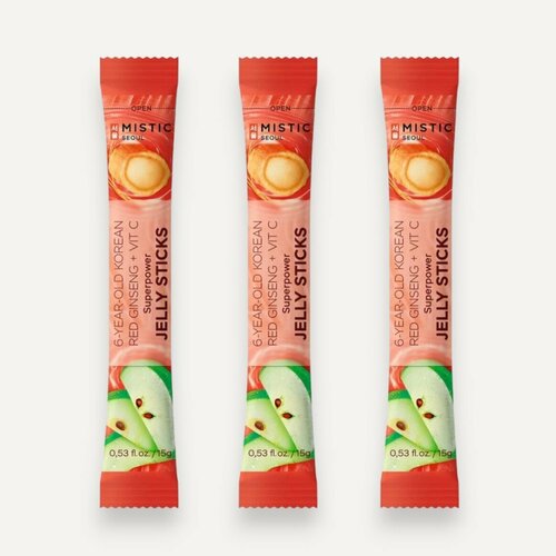 фото MISTIC 6-YEAR OLD KOREAN RED GINSENG+VIT C SUPERPOWER JELLY STICKS суперпауэр желейные палочки С 6-ЛЕТНИМ корейским красным женьшенем И витамином С со вкусом яблока 3шт*15г