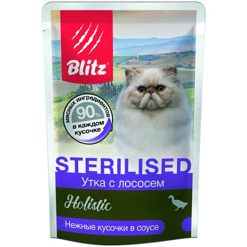 фото Влажный корм для кошек Blitz Holistic Sterilised, утка с лососем кусочки в соусе (85 г х 24 шт)