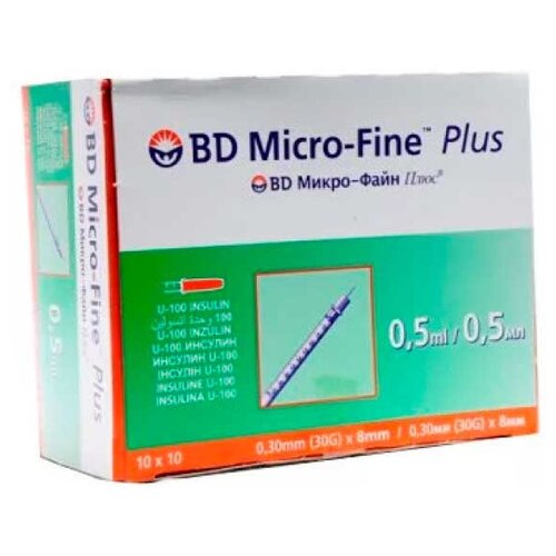 фото Шприц инсулиновый BD Micro-Fine Plus U-100 трехкомпонентный, 8 мм x 0.3 мм, размер: 30G, 0.5 мл, 100 шт.