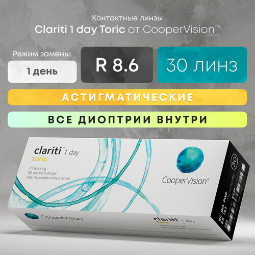 фото Контактные линзы CooperVision Clariti 1 day toric., 30 шт., R 8,6, D -4,25, CYL: -0,75, AХ: 20, ADD: +1.00 D, прозрачный, 1 уп.