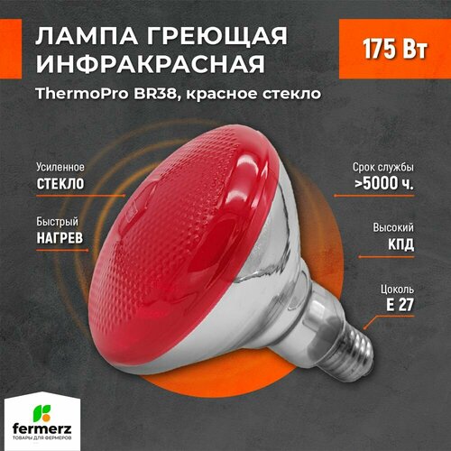 фото Лампа для обогрева ThermoPro BR38 175W Цоколь E27 красное стекло. Лампа рефлекторная зеркальная для обогрева , для нужд пищевых производств, сушки лаков , ветеринарных нужд , пастеризации продуктов