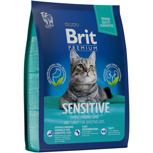 фото Сухой корм для кошек Brit Premium Sensitive с чувствительным пищеварением, гипоаллергенный, с ягненком и индейкой 400 г (кусочки в соусе)