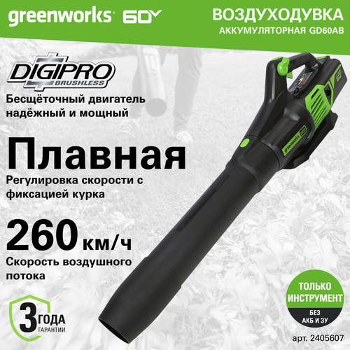 Воздуходув аккумуляторный Greenworks GD60ABK4, 60V, бесщеточный, c 1хАКБ 4 Ач. и ЗУ фото