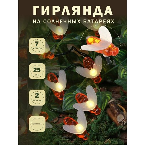 фото INBLOOM Гирлянда на солн. батарее, 25LED, 7м, шампань, 2 реж, пчелка, ПВХ зел, 2V80mA, 1.2V600mAh