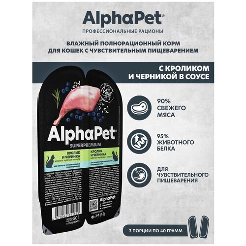 фото Влажный корм для кошек с чувств. пищеварением AlphaPet Superpremium Кролик и черника мясные кусочки в соусе 80г (Упаковка 15 блистеров)