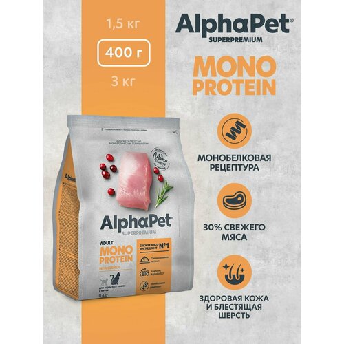 фото Сухой корм из индейки для взрослых кошек AlphaPet Superpremium MONOPROTEIN 0,4 кг