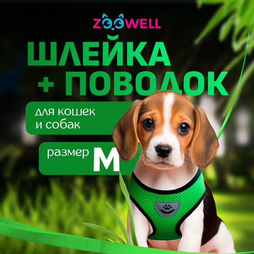 фото Шлейка с поводком для собак и кошек ZooWell универсальная, размер M зеленая