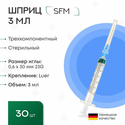 фото Шприц - 3мл. (3-х) SFM, Германия одноразовый стерилизованный с надетой иглой 0,6 x 30 - 23G, упаковка №10 (без латекса) (блистер), 3 упаковки по 10 шт