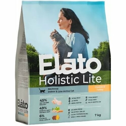 фото Корм сухой Elato Holistic Lite для стерилизованных кошек с курицей и индейкой, для домашних малоактивных кошек, 7 кг