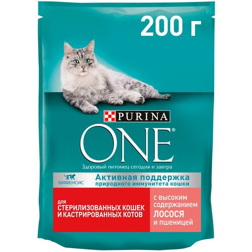 фото Сухой корм Purina ONE® для стерилизованных кошек и котов с лососем и пшеницей, пакет, 200 г