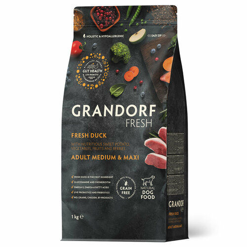 фото Grandorf Fresh Dog Adult MED & MAXI Duck & Sweet Potato: Утка, Индейка и Батат для собак средних и крупных пород 1 кг (GDF Dog MM Duck 1)