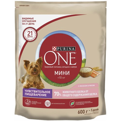 фото Сухой корм Purina ONE Мини Чувствительная для взрослых собак мелких пород с чувствительным пищеварением, с лососем и рисом 600 г х 2 шт