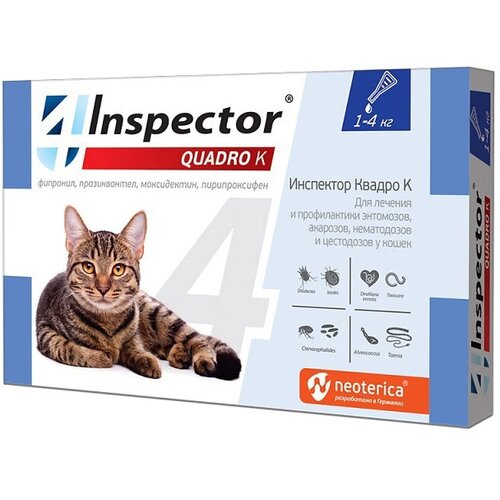 фото Inspector раствор от блох и клещей Quadro K от 1 до 4 кг для кошек от 1 до 4 кг 1 шт. в уп., 1 уп.