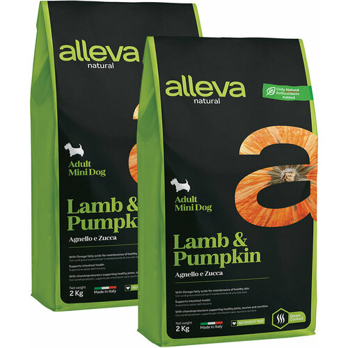 фото ALLEVA NATURAL ADULT DOG MINI LAMB & PUMPKIN низкозерновой для взрослых собак маленьких пород с ягненком и тыквой (2 + 2 кг)