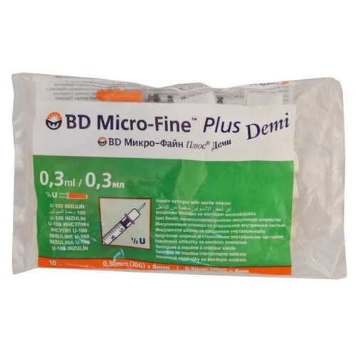 фото Шприц инсулиновый BD Micro-Fine Plus Demi U-100 трехкомпонентный, 8 мм x 0.3 мм, размер: 30G, 0.3 мл, 10 шт.