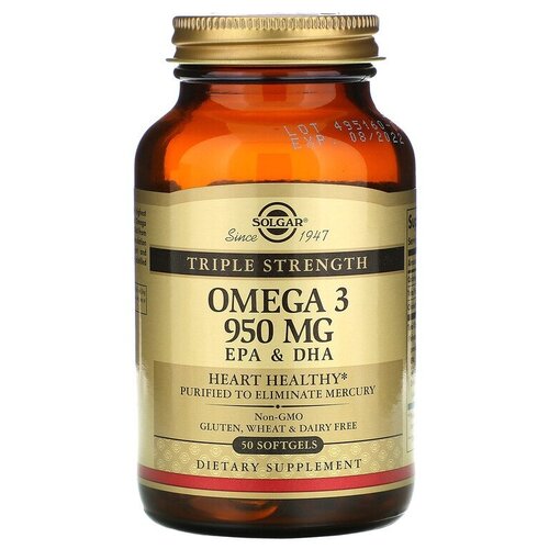 фото Solgar, Omega-3, EPA & DHA, Triple Strength, 950 mg, омега-3, ЭПК и ДГК, тройной концентрации, 950 мг, 50 капсул