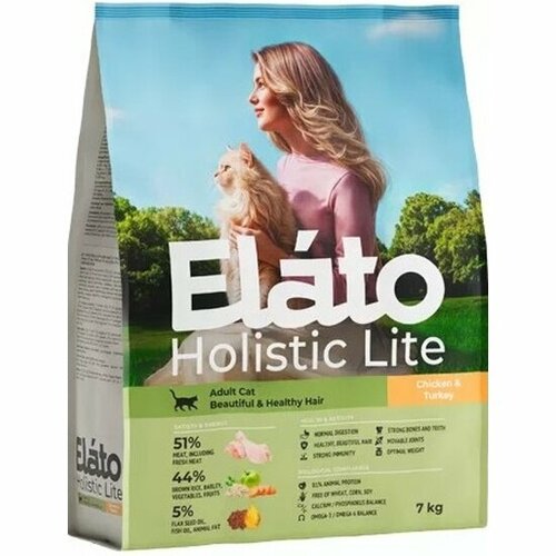 фото Корм сухой Elato Holistic Lite для взрослых кошек с курицей и индейкой, для красивой и здоровой шерсти, 7 кг