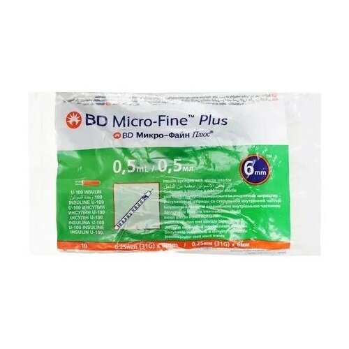 фото Шприц BD Micro-Fine Plus (3-комп.) 0,5 мл U100 31G (0.25 мм х 6 мм) - 10 шт комплект